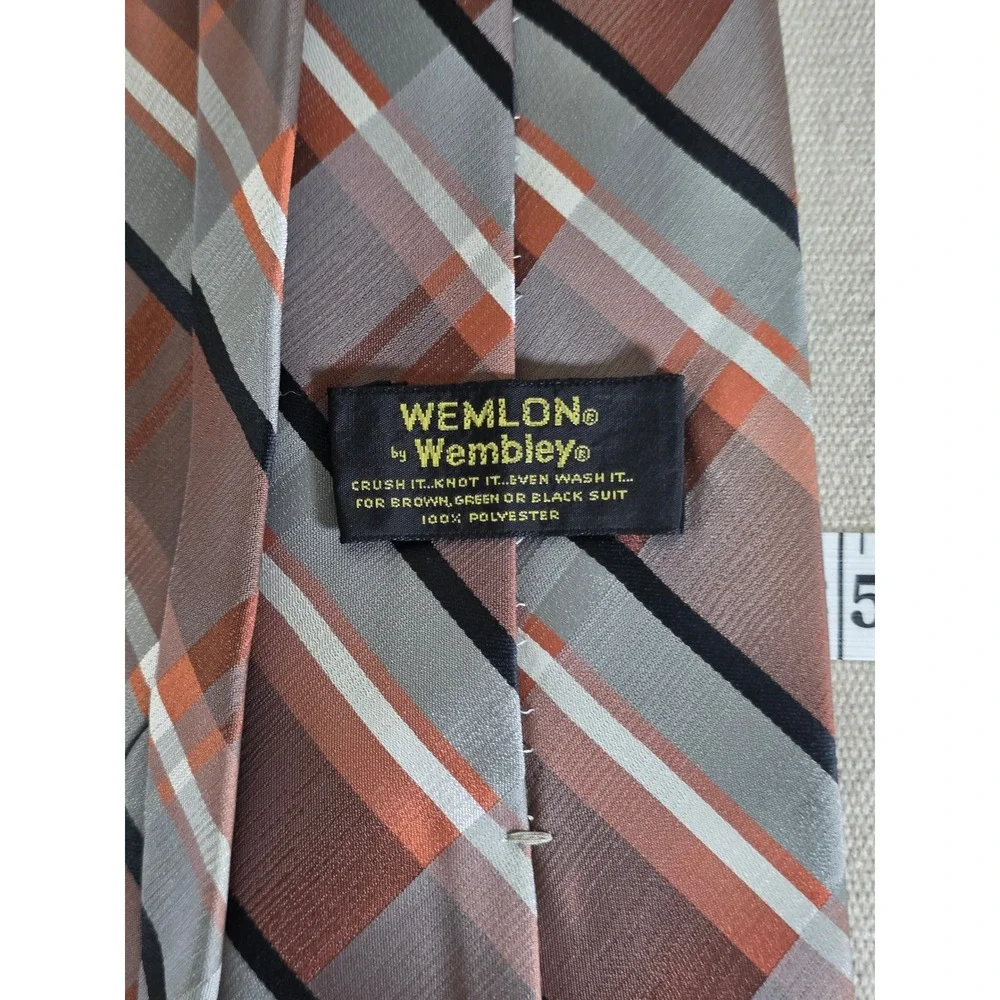 Vintage Wembley Wemlon Mens Plaid Necktie Brown Grey Orange Washable Polyester